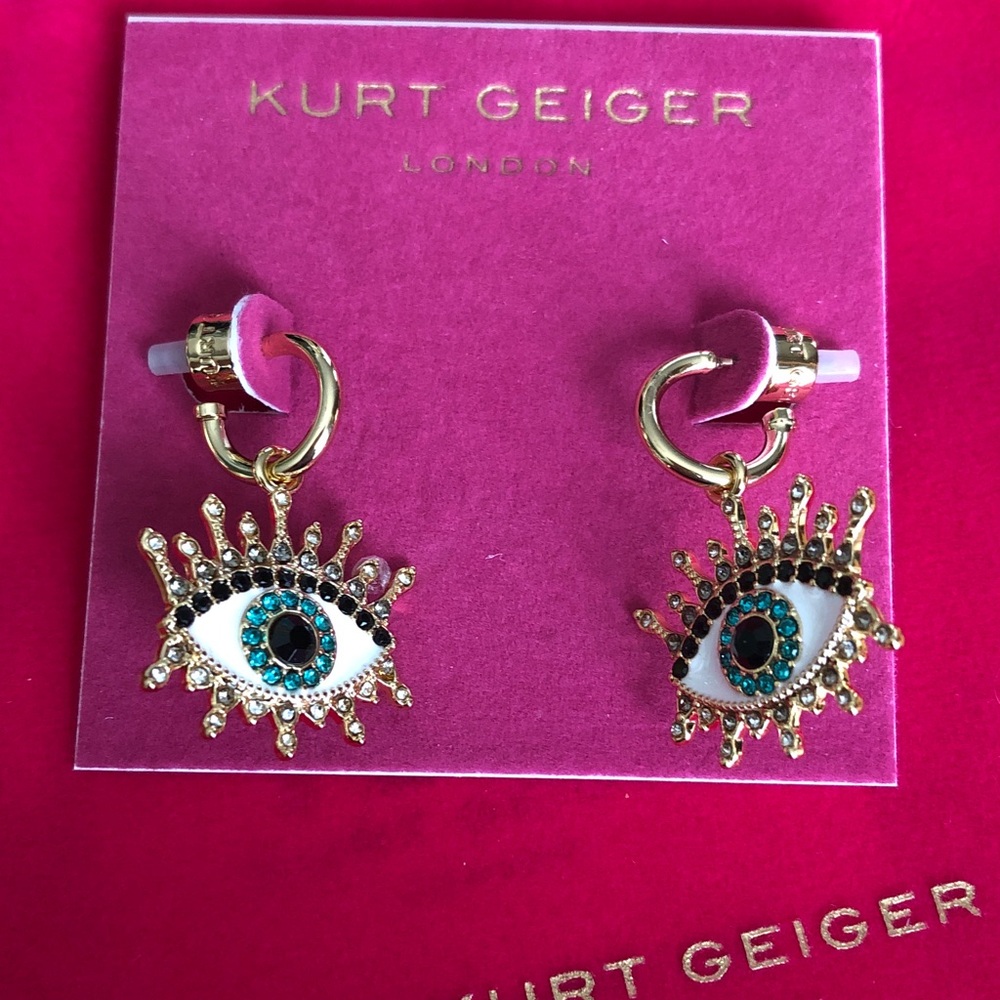 Kurt Geiger London Gold Tone Evil Eye Huggie Drop Earrings Crystal Accents NWT